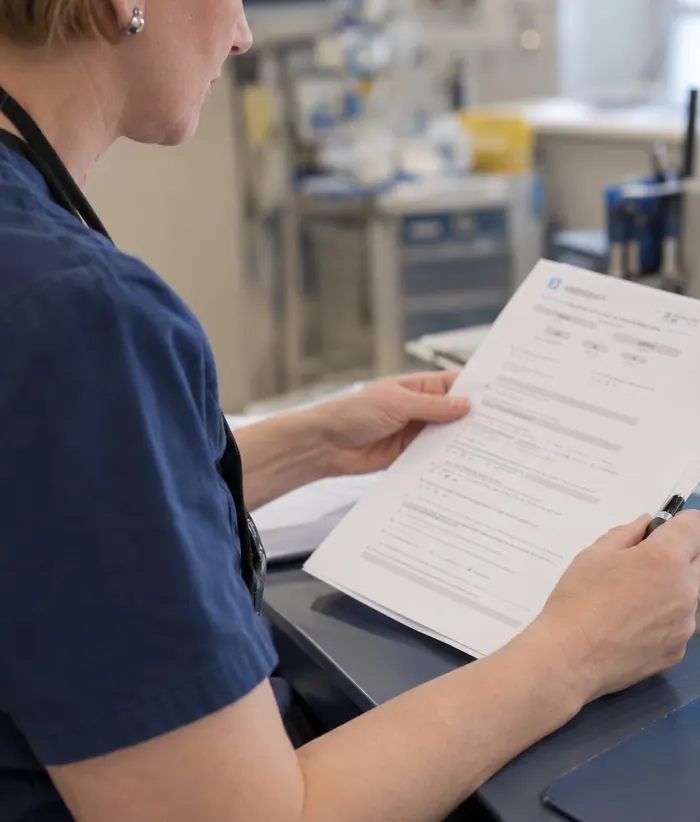 Dr. Aelita Medjāne reviewing a patient questionnaire