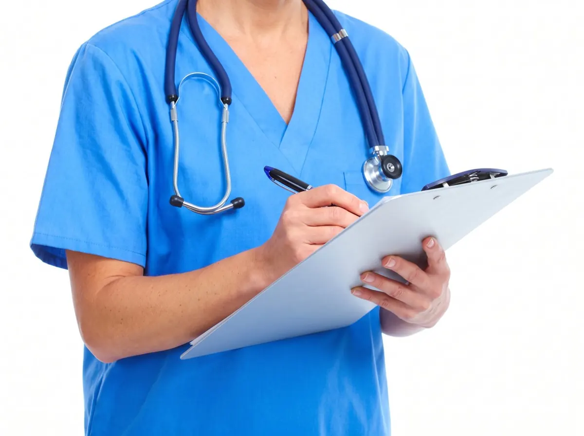 Doctor in scrubs with a stethoscope filling in patient documents