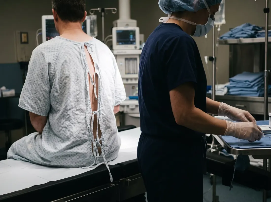 Patient sitting on the operating table while the anaesthesiologist prepares instruments