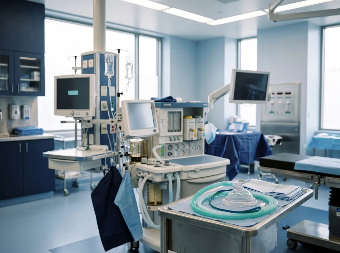Operating room with an anaesthesia machine and breathing mask